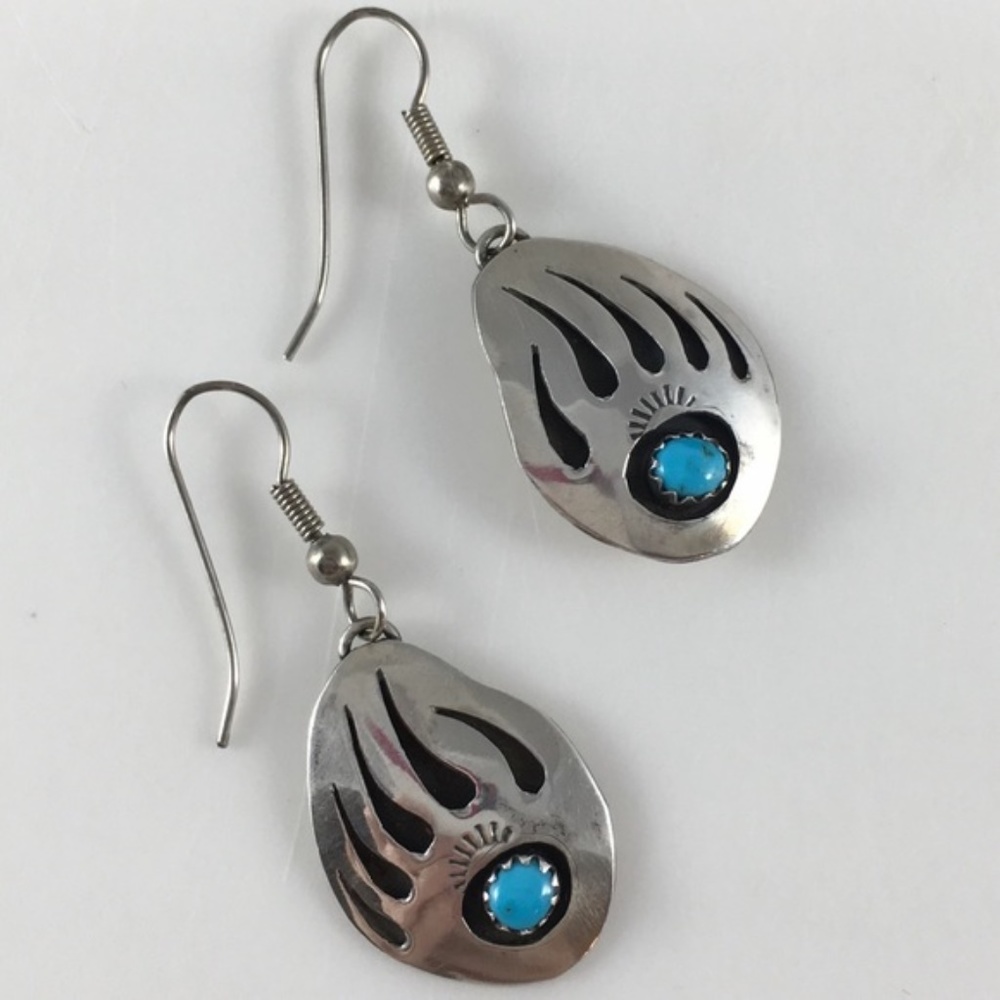 Silver Turquoise Bear Claw Earrings Santa Fe NA - Picture 3 of 6